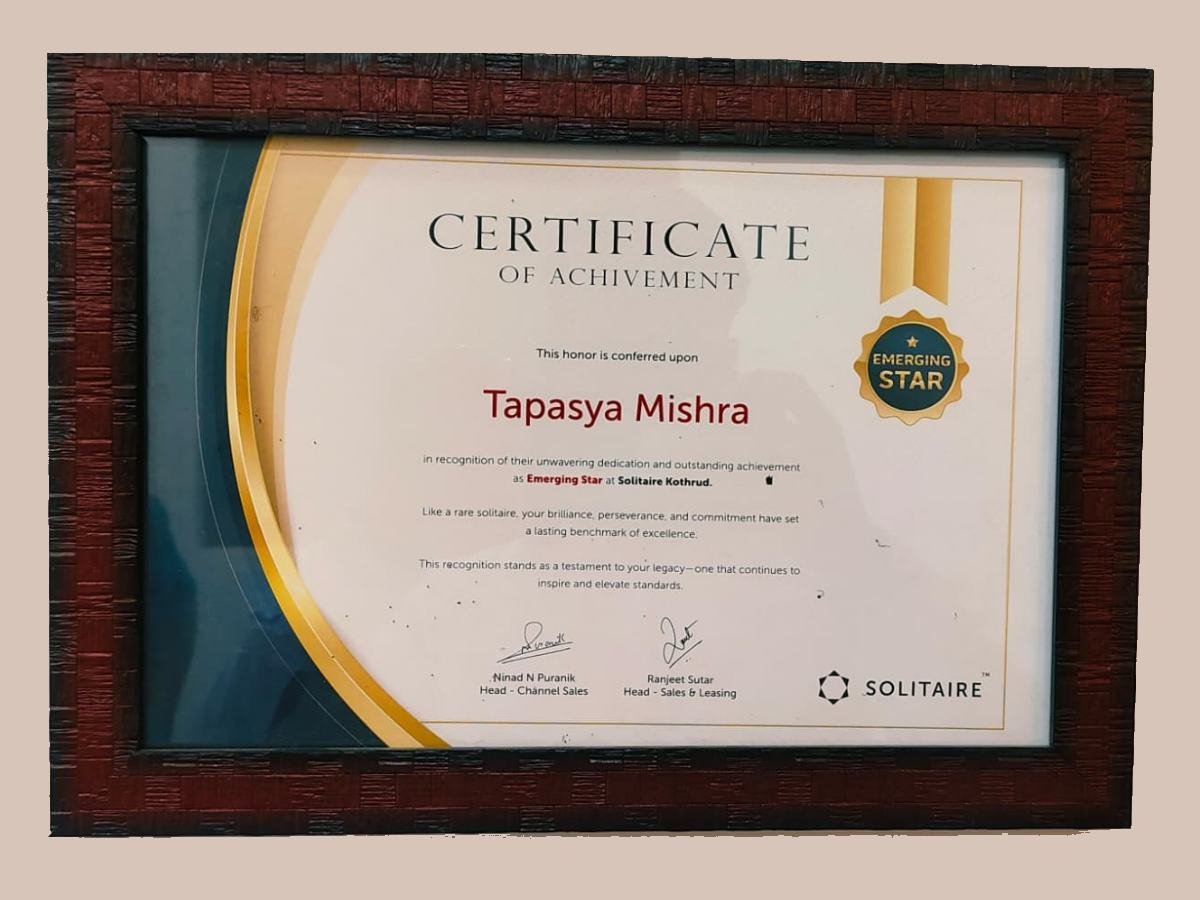 Solitaire certificate of achievement, Emerging Star, presented to Tapasya Mishra